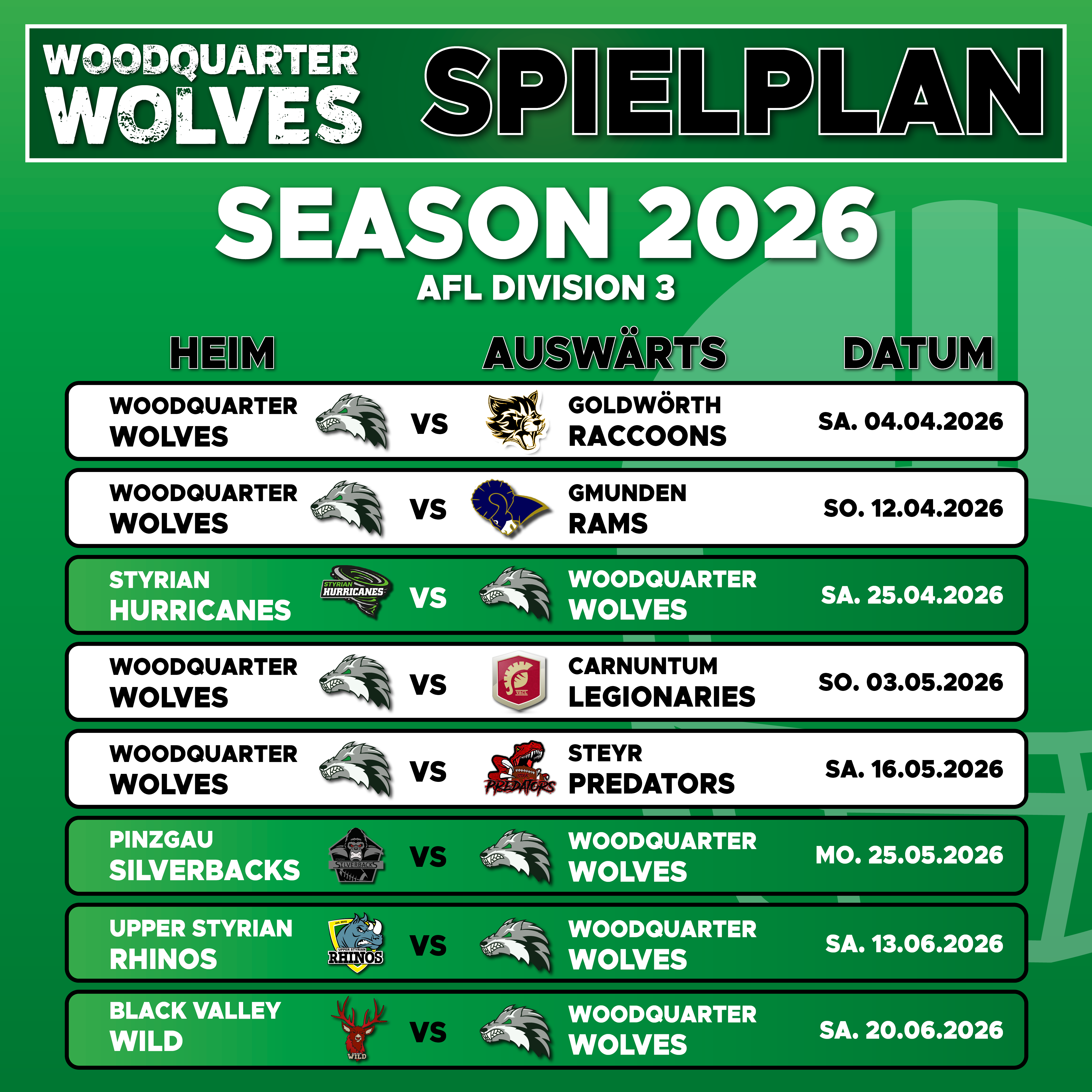 spielplan 2026 woodquarter wolves